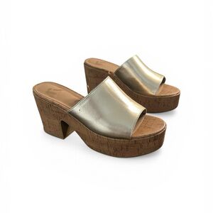 Gold Metallic Platform Cork Slide Mules | Block Heel | Size 9